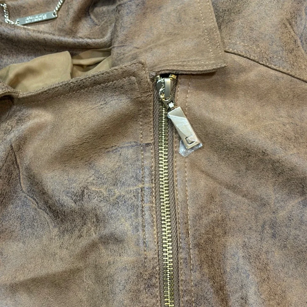 Chico's Elongated Moto Coated Faux Suede Jacket Worn Luggage Brown 4 20/22 ws